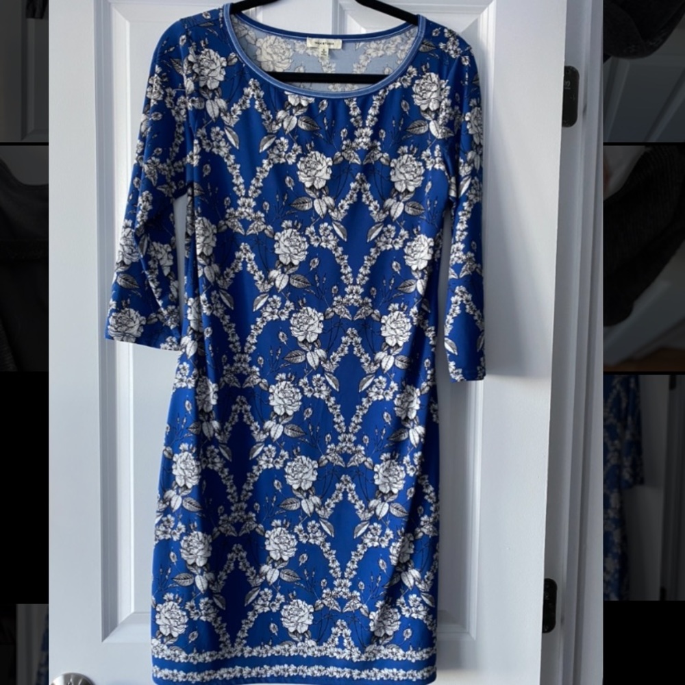 Blue & White Floral Jersey Knit Dress